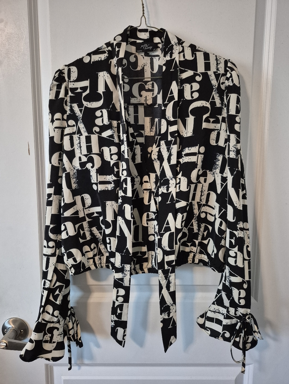Black and White Printed Tie-Front Blouse